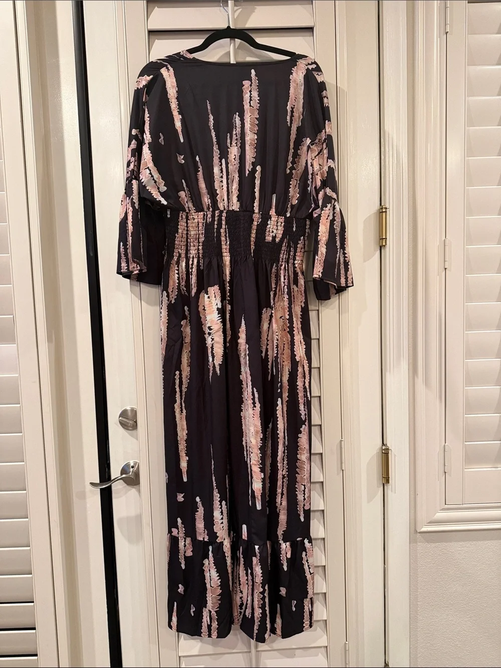 Women’s Black & Pink Printed Maxi Dress - V-Neck, Smocked Waist - Picture 4 of 5